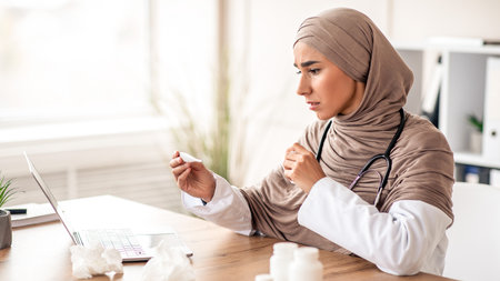 Sick muslim woman doctor looking at thermometerの写真素材