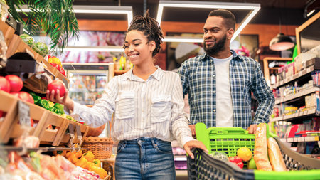African Family Couple Doing Grocery Shopping In Supermarket Choosing Vegetablesの写真素材