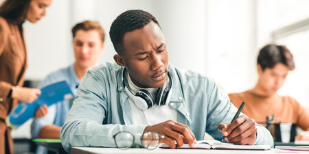 Black male student sitting at desk in classroom writing exam