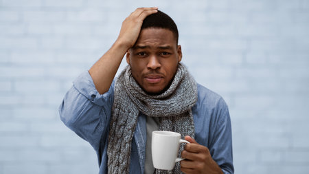 African Man Having Headache And Fever Standing Over White Wall