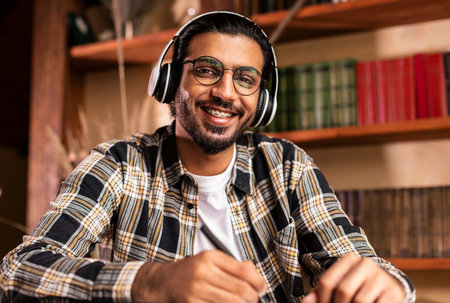 Portrait Of Happy Indian Student Sitting At Desk In Libraryの写真素材