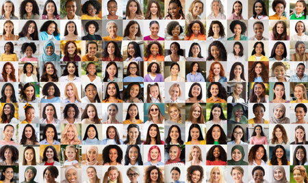Mosaic of Diverse People Portraits, Ladies Facesの写真素材