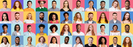 Mosaic Of Happy Millennial People Posing On Different Colorful Backgrounds