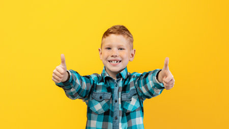Happy ginger kid showing thumbs up on yellow studio backgroundの写真素材