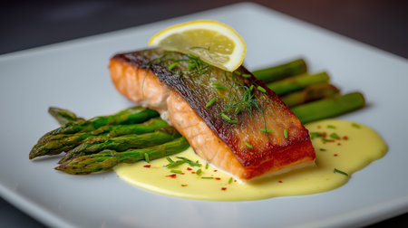 Grilled salmon fillet topped with lemon and served with asparagus and a creamy sauceの素材