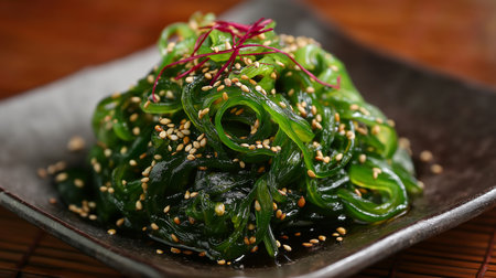 Healthy seaweed salad topped with sesame seeds and microgreens on a stylish dark plateの素材