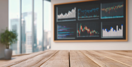 Business desk space with marketing data displayed on screens in modern office Generative AIの素材