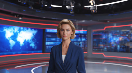 AI avatar as a news anchor in a TV studio using advanced hologram technologyの素材