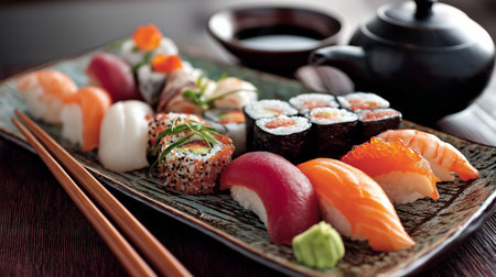 Sushi varieties are neatly arranged on a decorative plate with chopsticks beside themの素材