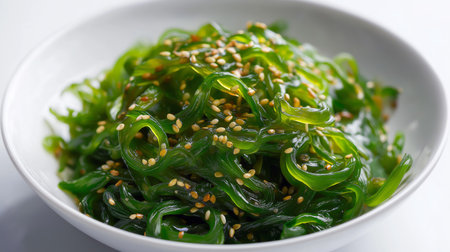 Bright green seaweed salad garnished with sesame seeds offers a refreshing taste and textureの素材