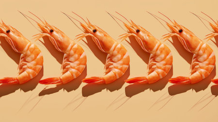 Succulent shrimp are expertly positioned in a straight line, capturing natural light beautifullyの素材