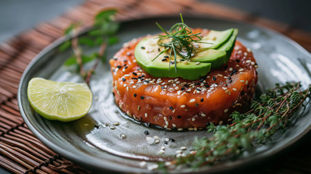 Savory salmon tartare with avocado slices and lime wedges on a chic plateの素材