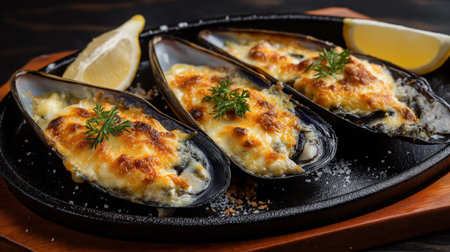 Gratinated mussels rest on a hot sizzler plate garnished with herbs and lemon slicesの素材