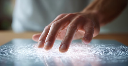 Man interacts with digital interface in modern business environment Generative AIの素材