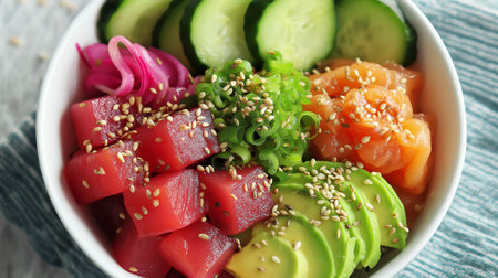 Fresh ingredients are artfully arranged in a bowl, showcasing vibrant colors and texturesの素材