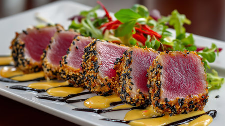 Delicious seared tuna slices are arranged on a plate with a vibrant salad and drizzled sauceの素材