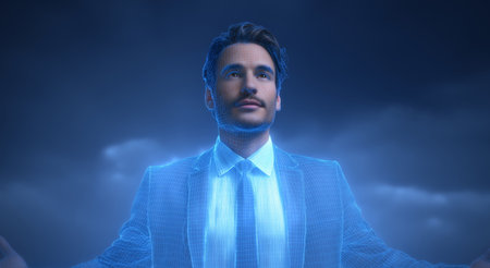 Advanced artificial avatar presents news updates in a futuristic hologram format Generative AIの素材