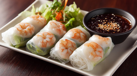 Colorful shrimp spring rolls are arranged neatly with a dark dipping sauce on the sideの素材