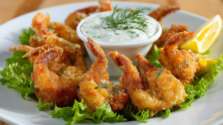 Delicious crispy fried shrimp garnished with dill, served alongside tartar sauce and lemonの素材