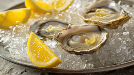 Fresh oysters on crushed ice, garnished with lemon, served in a seafood settingの素材