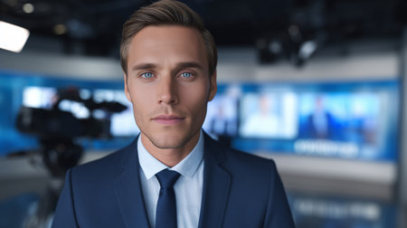 Modern avatar technology showcases artificial news presenter in studio setting Generative AIの素材
