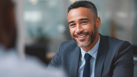 Business portrait of a smiling man in a formal suit during a meeting Generative AIの素材