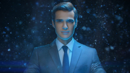 Hologram avatar delivers news report in futuristic media studio setting Generative AIの素材