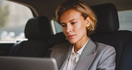 Professional business meeting occurs inside a car with a man and woman collaborating Generative AIの素材