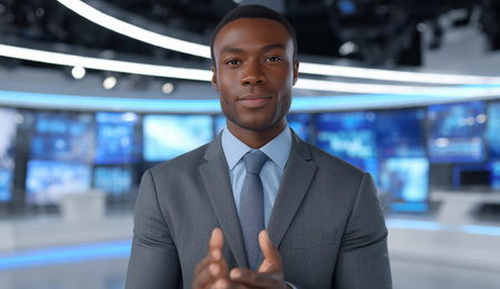 Innovative avatar news anchor engaging viewers in futuristic TV studio Generative AIの素材