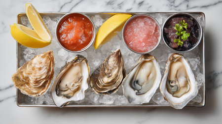 Freshly shucked oysters on ice accompanied by lemon wedges and various dipping sauces are presentedの素材