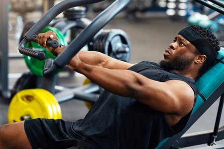 Athletic black man having workout on chest press machine