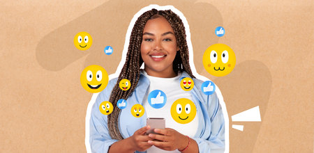 Young woman enjoying chatting on smartphone with social media emojis aroundの写真素材