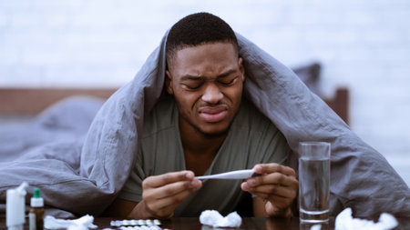 Sick Black Man Having Fever Lying In Bed At Homeの写真素材