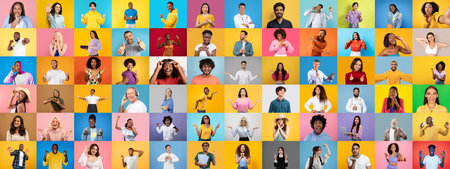 Diverse individuals showing expressions against vivid backgroundsの写真素材