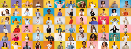 Joyful and connected expressions in a vibrant collage of portraitsの写真素材