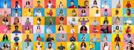 Diverse people expressing joy and connection in a vibrant collage of portraitsの写真素材