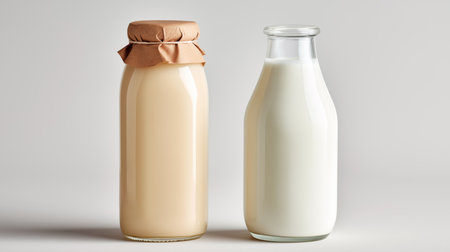 Two glass bottles of milk, one brown and one white, sit side by side against a light backdropの素材