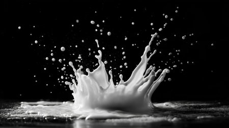 Milk splashes dramatically, showcasing fluid dynamics and texture in a striking sceneの素材