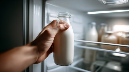 A hand reaches for a glass bottle of milk in a well-stocked refrigerator during daylightの素材