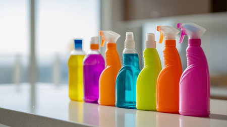 Vibrant bottles of cleaning solutions are arranged on a kitchen countertop, illuminated by sunlightの素材