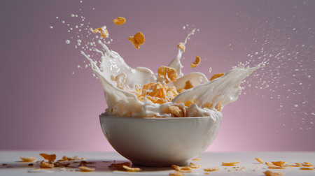 Cereal and milk splash in a bowl, creating a vibrant breakfast sceneの素材