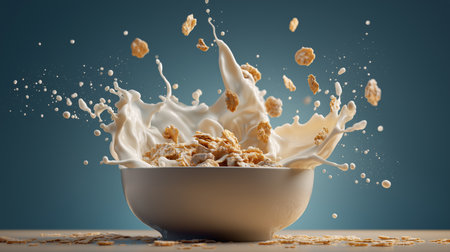 Milk and cereal collide in a lively splash, capturing the essence of a joyful morning mealの素材
