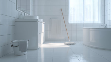 A well-lit bathroom features a clean bathtub, a mop, and a bucket, reflecting a serene atmosphereの素材