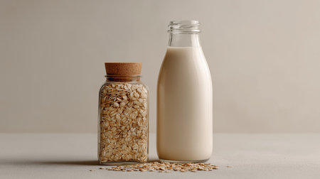 A bottle of milk and a jar of oats are placed on a light surface, showcasing breakfast ingredientsの素材