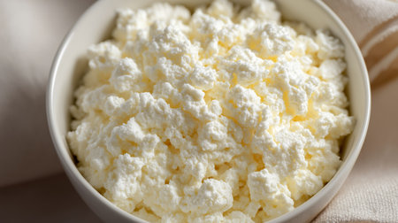 A bowl of fresh cottage cheese, ideal for a nutritious snack or cooking optionの素材