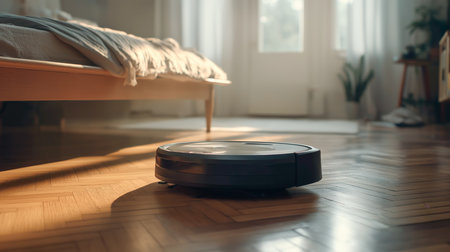 A robotic vacuum cleans a hardwood floor in a sunny living roomの素材