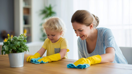 A mother and her young child are focused on cleaning a table together, bonding through the activityの素材