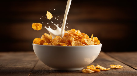 Milk splashes into a bowl filled with golden corn flakes, creating a refreshing breakfast momentの素材
