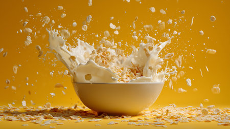 A cereal bowl splashes milk, creating an energetic breakfast against a yellow backdropの素材