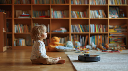 Young child observes a robotic vacuum moving across a wooden floor in a warm, inviting spaceの素材